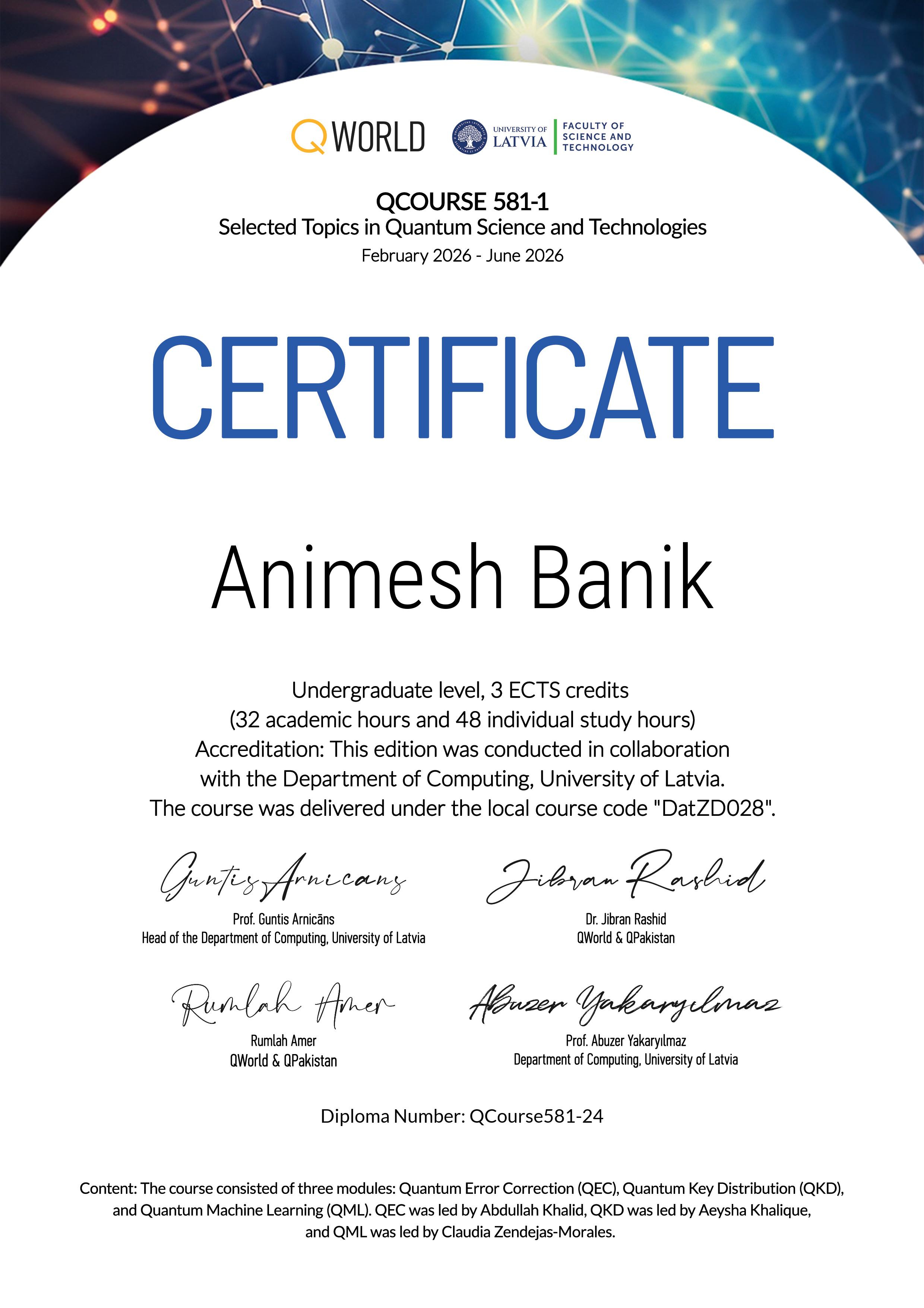 QCourse 581-1 Certificate