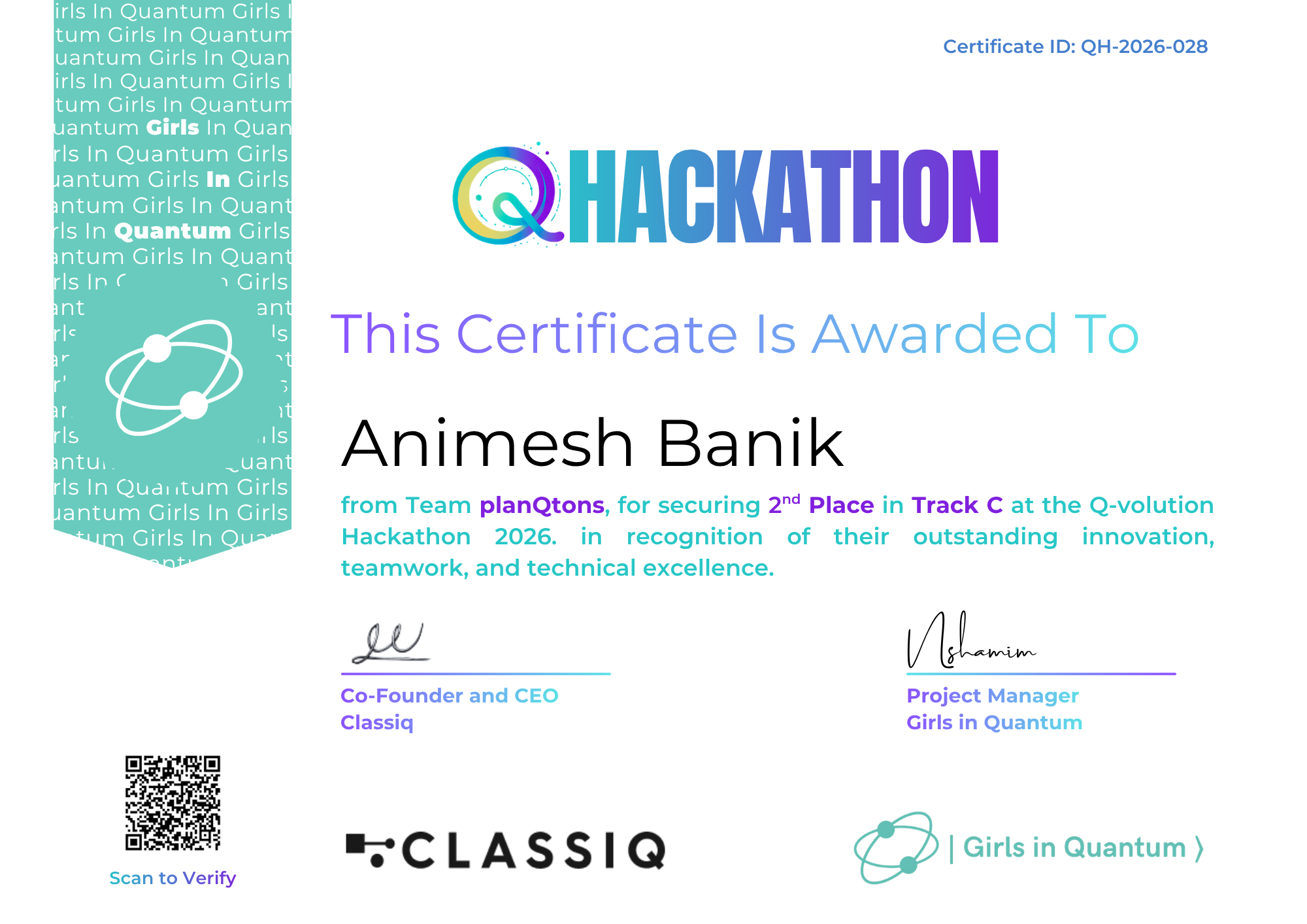 2nd Place in QVolution Hackathon from Team PlanQtons Certificate
